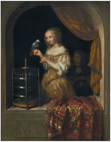 Caspar Netscher, Vrouw met papegaai (1666), olieverf op paneel, 46 x 37 cm