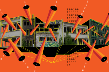 A dilapidated grey building is seen as in a 3D plan against a bright red background. 0s and 1s represent data streaming out of the windows and gaps in the roof.