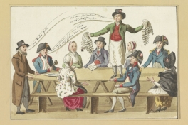 Verkopen van de pruiken, anoniem, 1795. Publiek domein via Rijksstudio